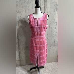 Beth Bowley- Emb sheath dress with split neck and contrast ribbon trim/Size 10